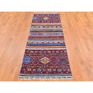 2'8"x8'3" Red Super Kazak Khorjin Design with Colorful Tassels Pure Wool Hand Knotted Wide Runner Oriental Rug FWR400968