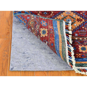 2'8"x8'3" Red Super Kazak Khorjin Design with Colorful Tassels Pure Wool Hand Knotted Wide Runner Oriental Rug FWR400968
