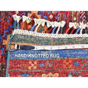 2'8"x8'3" Red Super Kazak Khorjin Design with Colorful Tassels Pure Wool Hand Knotted Wide Runner Oriental Rug FWR400968