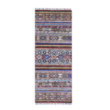 Load image into Gallery viewer, 3&#39;1&quot;x7&#39;9&quot; Light Blue Super Kazak Wide Runner Geometric Khorjin Design Organic Wool Hand Knotted Oriental Rug FWR400974