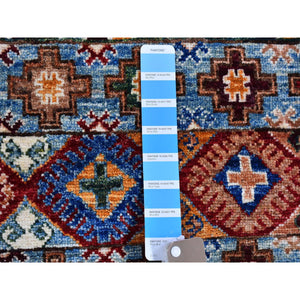 3'1"x7'9" Light Blue Super Kazak Wide Runner Geometric Khorjin Design Organic Wool Hand Knotted Oriental Rug FWR400974