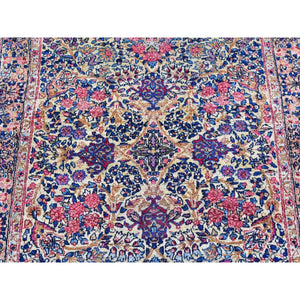 2'8"x11'6" Ivory Antique Persian Kerman Runner Good Condition Multicolor Flower and Vase Design Organic Wool Hand Knotted Oriental Rug FWR401040