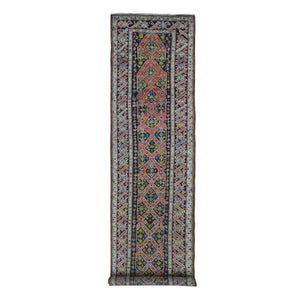 3'1"x14'3" Green Antique Caucasian Wide Runner High KPSI, Good Condition with Hand Knotted Chocolate Brown Pure Wool Oriental Rug FWR401052