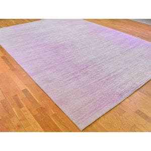 10'x14'2" Thick and Plush Pure Wool Only Horizontal Ombre Design Pink with Touches of Ivory Hand Knotted Oriental Rug FWR401088