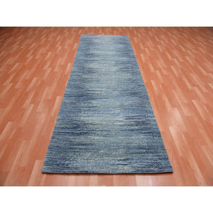 4'2"x10'3" Horizontal Ombre Design Pure Wool Blue Oceanic Hand Knotted Wide Runner Oriental Rug FWR401154