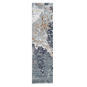 2'6"x10'1" Gray Dense Weave Abstract Design Wool Hand Knotted Runner Oriental Rug FWR401184