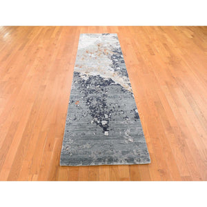 2'6"x10'1" Gray Dense Weave Abstract Design Wool Hand Knotted Runner Oriental Rug FWR401184