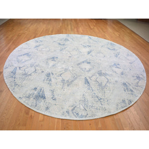 12'x12' Hand Knotted Ivory Large Elements with Pastels Silk with Textured Wool Modern Round Oriental Rug FWR401202