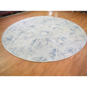 12'x12' Hand Knotted Ivory Large Elements with Pastels Silk with Textured Wool Modern Round Oriental Rug FWR401202
