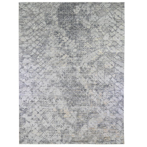 10'1"x14'2" Pure Silk and Textured Wool Gray with Touches of Beige Hand Knotted Modern Design Oriental Rug FWR401250