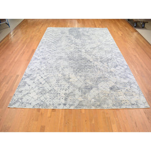 10'1"x14'2" Pure Silk and Textured Wool Gray with Touches of Beige Hand Knotted Modern Design Oriental Rug FWR401250