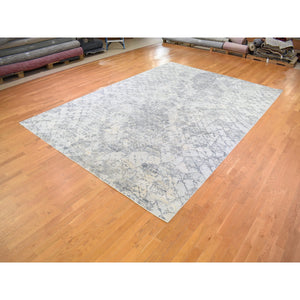 10'1"x14'2" Pure Silk and Textured Wool Gray with Touches of Beige Hand Knotted Modern Design Oriental Rug FWR401250