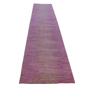 2'7"x12'3" Hand Knotted Zero Pile Horizontal Ombre Design Pink with Touches of Ivory Pure Wool Only Oriental Runner Rug FWR401268
