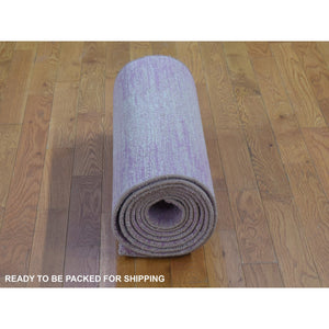 2'7"x12'3" Hand Knotted Zero Pile Horizontal Ombre Design Pink with Touches of Ivory Pure Wool Only Oriental Runner Rug FWR401268