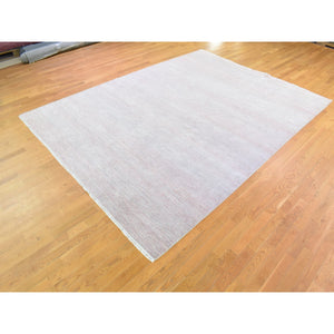 9'x12'1" Faded Pink Grass Design Gabbeh Hand Knotted Wool and Silk Densely Woven Modern Oriental Rug FWR401376