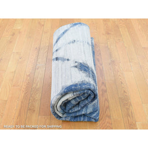 6'1"x9'1" Blue and White Extremely Durable Modern Hand Knotted Pure Silk and Textured Wool Oriental Rug FWR401742