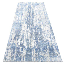Load image into Gallery viewer, 4&#39;1&quot;x10&#39;2&quot; Wool and Real Silk Hand Knotted Blue Abstract Design with Soft Colors Oriental Runner Rug FWR401778