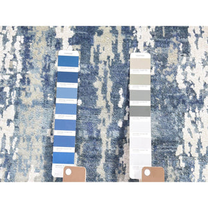 4'1"x10'2" Wool and Real Silk Hand Knotted Blue Abstract Design with Soft Colors Oriental Runner Rug FWR401778
