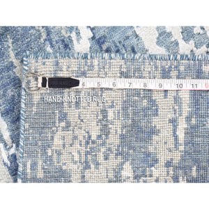 4'1"x10'2" Wool and Real Silk Hand Knotted Blue Abstract Design with Soft Colors Oriental Runner Rug FWR401778