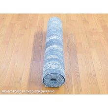 Load image into Gallery viewer, 4&#39;1&quot;x10&#39;2&quot; Wool and Real Silk Hand Knotted Blue Abstract Design with Soft Colors Oriental Runner Rug FWR401778