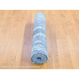 4'1"x10'2" Wool and Real Silk Hand Knotted Blue Abstract Design with Soft Colors Oriental Runner Rug FWR401778