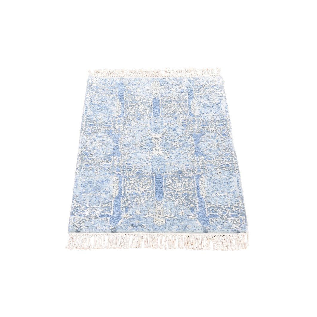 2'x3' Jewellery Design with Soft Colors Hand Knotted Blue Wool and Pure Silk Oriental Mat Rug FWR401790