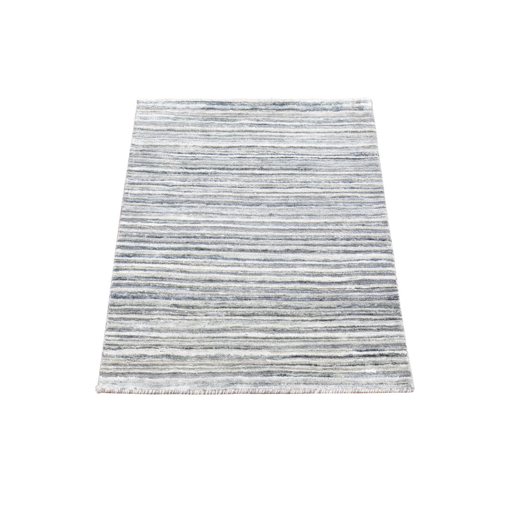 2'x3' Ivory Modern, Wool and Pure Silk with Striae Design, Hand Knotted, Oriental, Mat Rug FWR401796