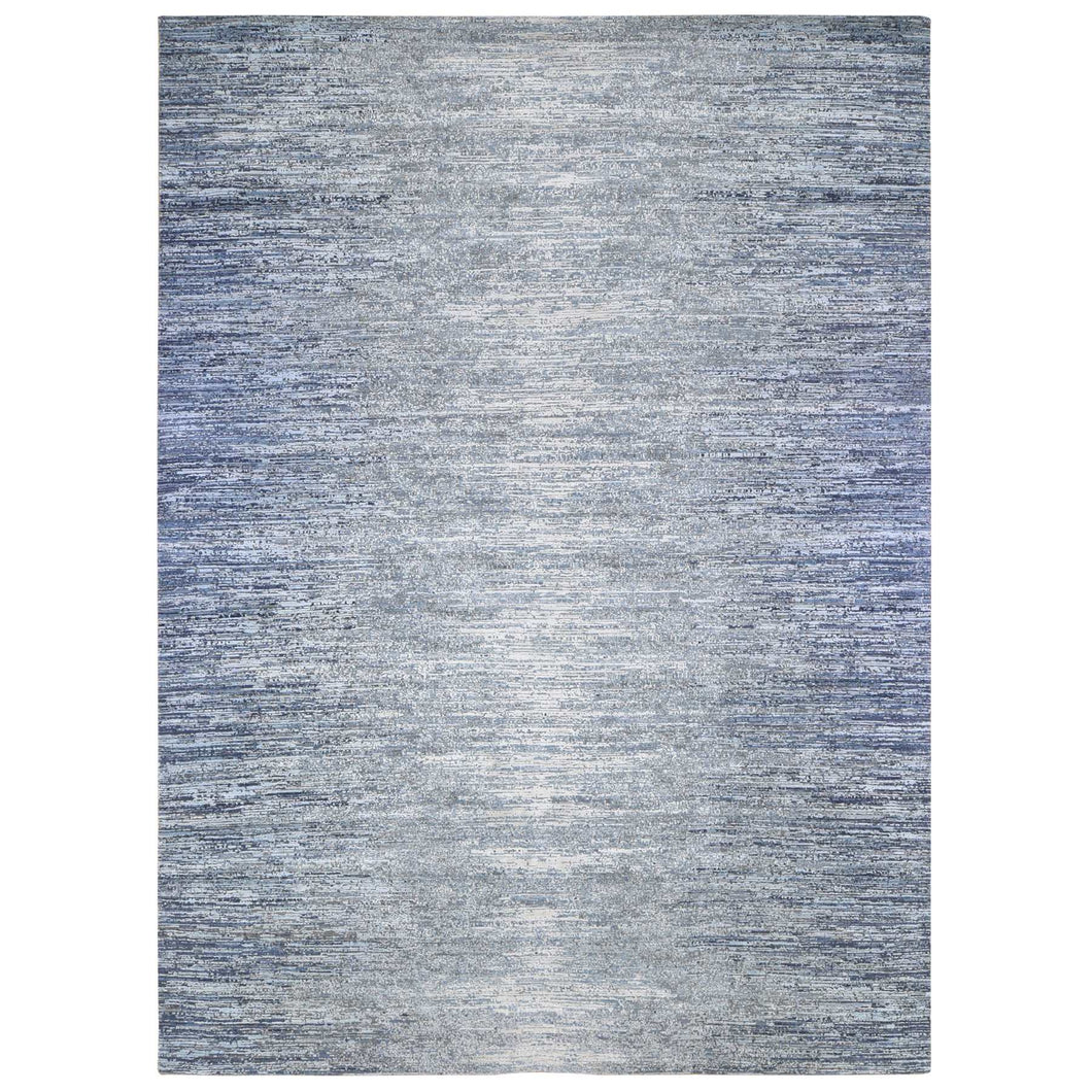 10'x14' Horizontal Ombre Design Hand Knotted Denim Blue Wool and Pure Silk Oriental Rug FWR401820