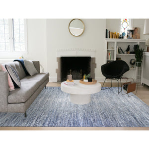 10'x14' Horizontal Ombre Design Hand Knotted Denim Blue Wool and Pure Silk Oriental Rug FWR401820