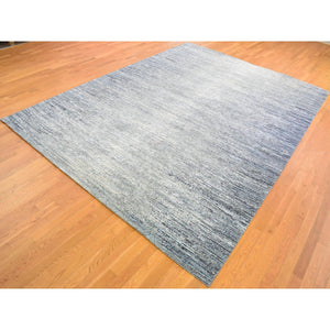 10'x14' Horizontal Ombre Design Hand Knotted Denim Blue Wool and Pure Silk Oriental Rug FWR401820