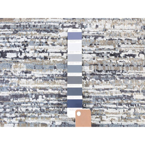 10'x14' Horizontal Ombre Design Hand Knotted Denim Blue Wool and Pure Silk Oriental Rug FWR401820