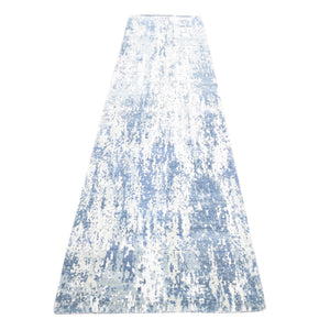 2'7"x12'1" Hand Knotted Abstract Design Wool and Real Silk Denim Blue Runner Oriental Rug FWR401892