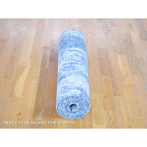 2'7"x12'1" Hand Knotted Abstract Design Wool and Real Silk Denim Blue Runner Oriental Rug FWR401892