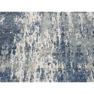 2'6"x10'1" Denim Blue Hand Knotted Abstract Design Wool and Real Silk Runner Oriental Rug FWR401898