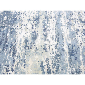 3'8"x17'2" Hand Knotted Denim Blue Abstract Design Wool and Real Silk Extra Large Wide Runner Oriental Rug FWR401904