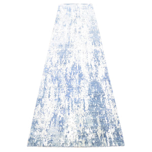 2'7"x12'2" Hand Knotted Blue Abstract Design Wool and Real Silk Runner Oriental Rug FWR401910