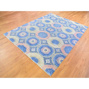 9'x11'8" Denim Blue Mamluk Repetitive Design with Pastel Colors Hand Knotted Pure Wool Oriental Rug FWR401982