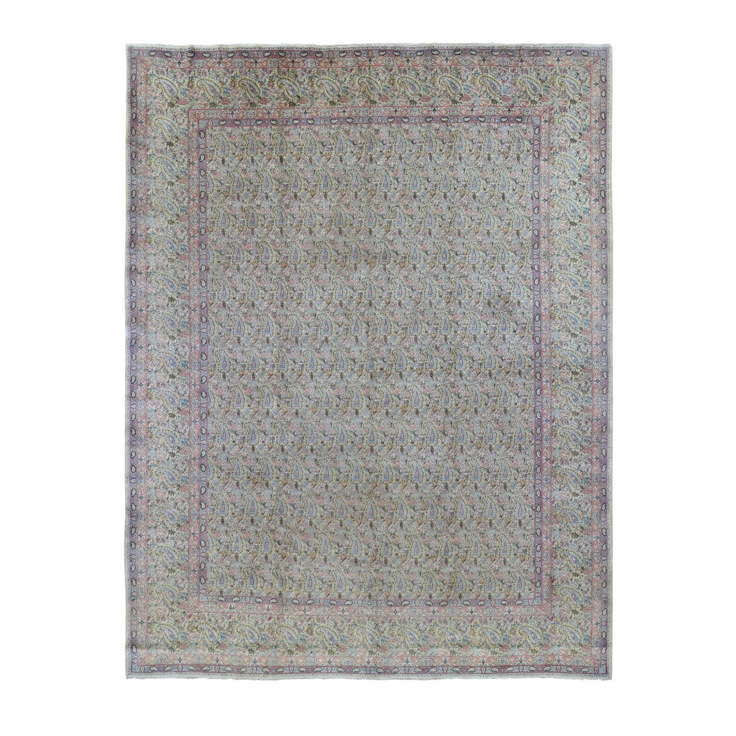 10'x13' Ivory Antique Persian Kerman, Full Pile Excellent Condition and Soft Paisley Design Hand Knotted Pure Wool Oriental Rug FWR401988