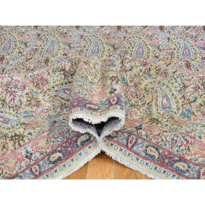 10'x13' Ivory Antique Persian Kerman, Full Pile Excellent Condition and Soft Paisley Design Hand Knotted Pure Wool Oriental Rug FWR401988