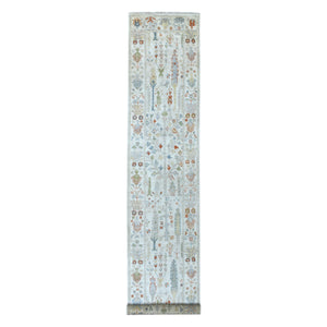2'9"x15'6" Ivory Angora Oushak With Cypress Tree Design Soft Velvety Wool Hand Knotted Oriental XL Runner Rug FWR402150