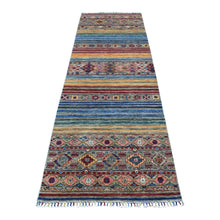 Load image into Gallery viewer, 3&#39;x9&#39;3&quot; Red Super Kazak Khorjin Design Pure Wool With Pop Of Color and Colorful Tassles Hand Knotted Oriental Runner Rug FWR402264