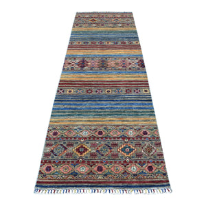 3'x9'3" Red Super Kazak Khorjin Design Pure Wool With Pop Of Color and Colorful Tassles Hand Knotted Oriental Runner Rug FWR402264
