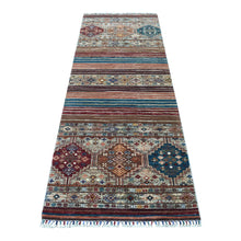 Load image into Gallery viewer, 2&#39;9&quot;x8&#39; Taupe Super Kazak In A Colorful Palette Khorjin Design Pure Wool Hand Knotted Oriental Runner Rug FWR402570