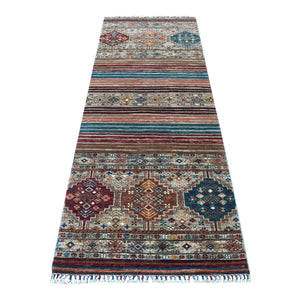 2'9"x8' Taupe Super Kazak In A Colorful Palette Khorjin Design Pure Wool Hand Knotted Oriental Runner Rug FWR402570