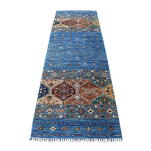 Load image into Gallery viewer, 2&#39;9&quot;x9&#39;2&quot; Denim Blue Super Kazak Khorjin Design With Colorful Tassels Hand Knotted Vibrant Wool Oriental Runner Rug FWR402696