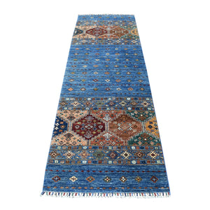 2'9"x9'2" Denim Blue Super Kazak Khorjin Design With Colorful Tassels Hand Knotted Vibrant Wool Oriental Runner Rug FWR402696