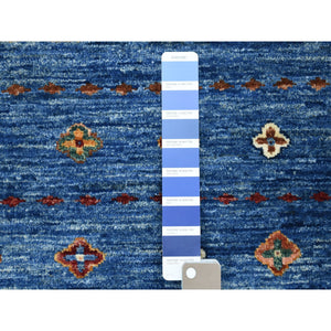 2'9"x9'2" Denim Blue Super Kazak Khorjin Design With Colorful Tassels Hand Knotted Vibrant Wool Oriental Runner Rug FWR402696