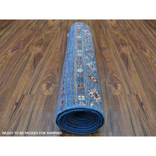 Load image into Gallery viewer, 2&#39;9&quot;x9&#39;2&quot; Denim Blue Super Kazak Khorjin Design With Colorful Tassels Hand Knotted Vibrant Wool Oriental Runner Rug FWR402696