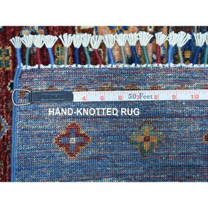 2'9"x9'2" Denim Blue Super Kazak Khorjin Design With Colorful Tassels Hand Knotted Vibrant Wool Oriental Runner Rug FWR402696