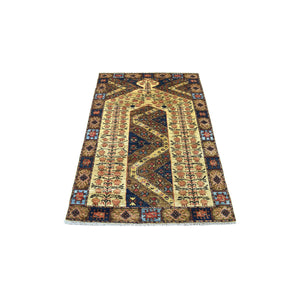 3'4"x5'1" Brown Prayer Design Afghan Ersari Hand Knotted Pure Wool Rug FWR402792